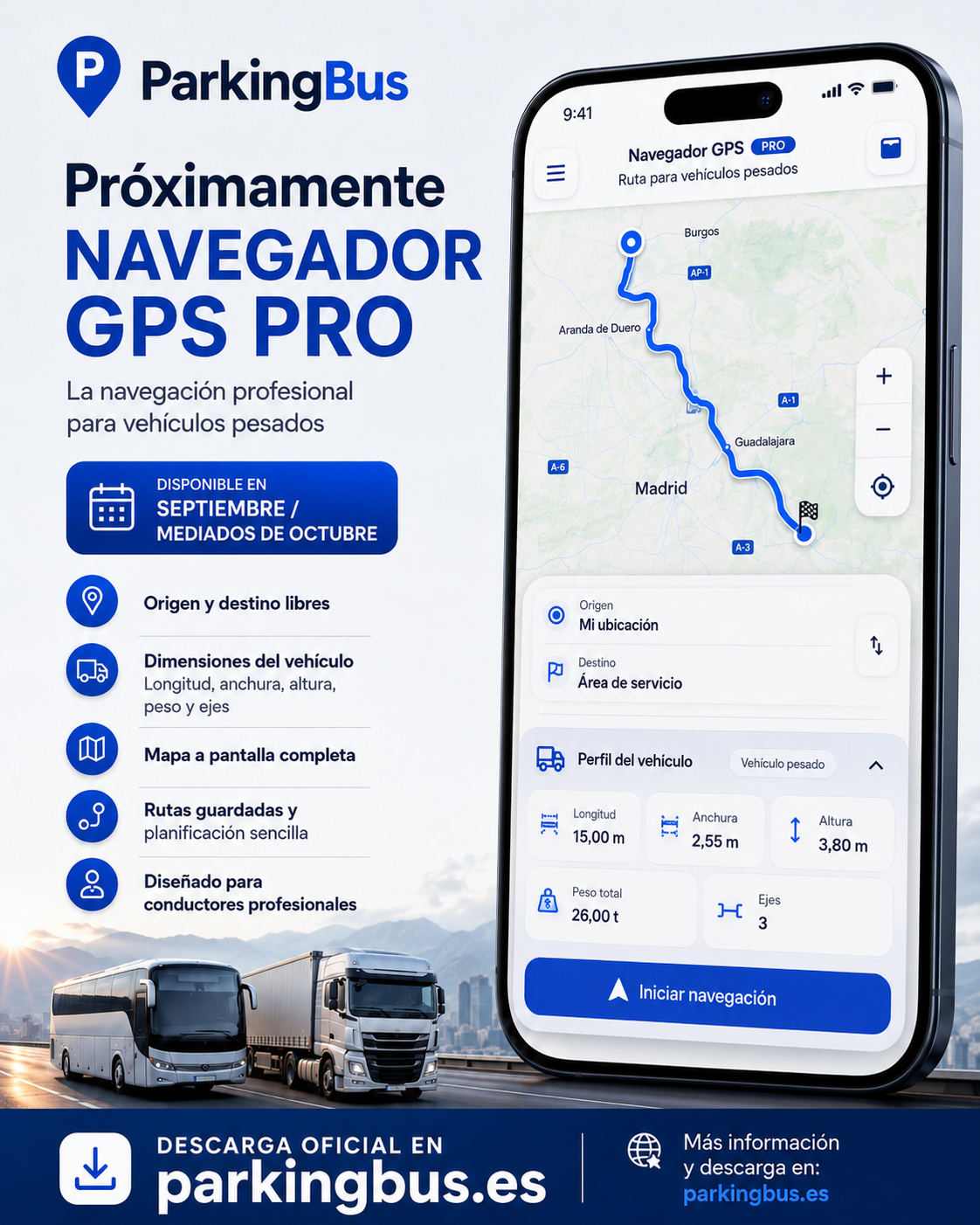 Avance de Navegador GPS Pro de ParkingBus con ruta para vehículos pesados y perfil del vehículo