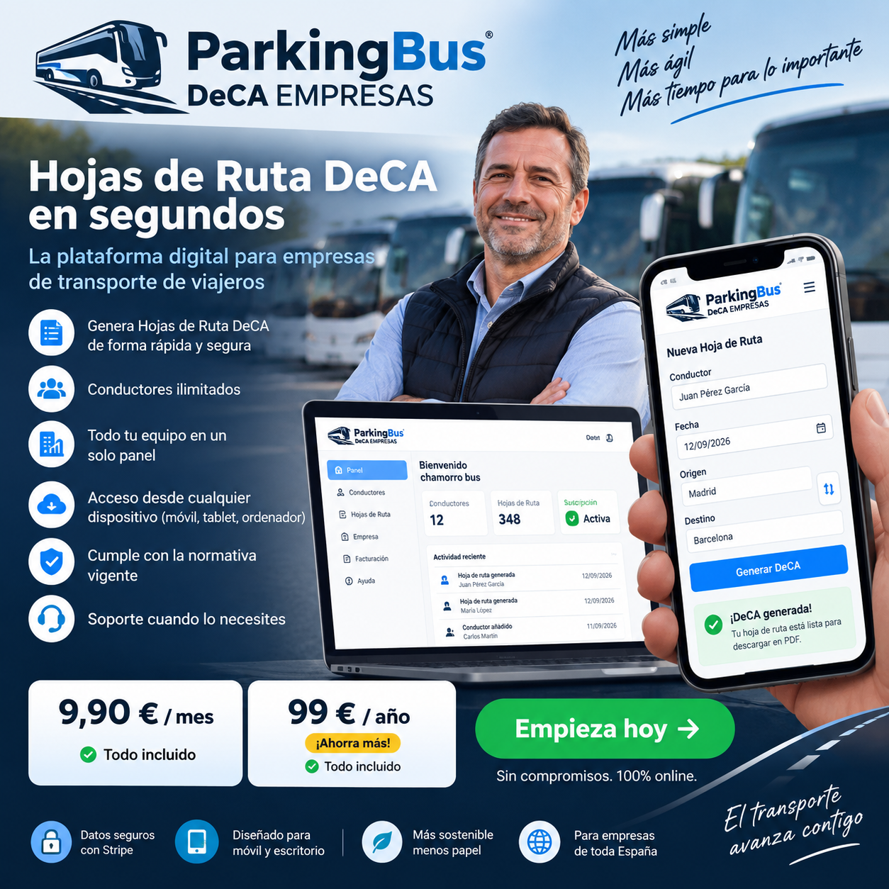 Presentación de ParkingBus DeCA Empresas con panel empresarial y uso desde móvil